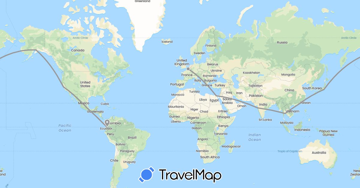 TravelMap itinerary: driving, plane in United Arab Emirates, China, Ecuador, Egypt, France, India, Japan, Mexico, Thailand, United States (Africa, Asia, Europe, North America, South America)
